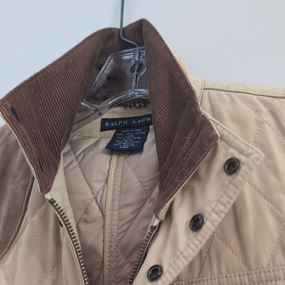 Ralph Lauren Tan Quilted Vest Corduroy Suede Patch Snap Button Sz L - Picture 4 of 6